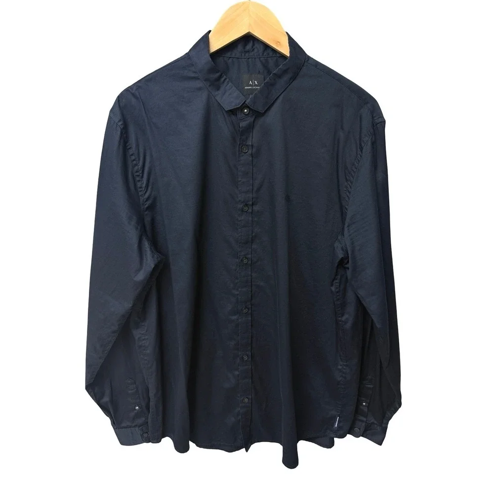Armani Exchange Satin Button Up Shirt Men XXL Navy Blue Slim‎ Fit Designer EUC